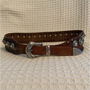Norma Walters Wide Leather Studded Belt With Silver Tone Floral Buckle Italy